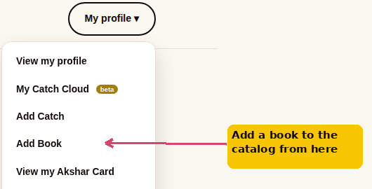 The Add Book link inside the profile dropdown menu